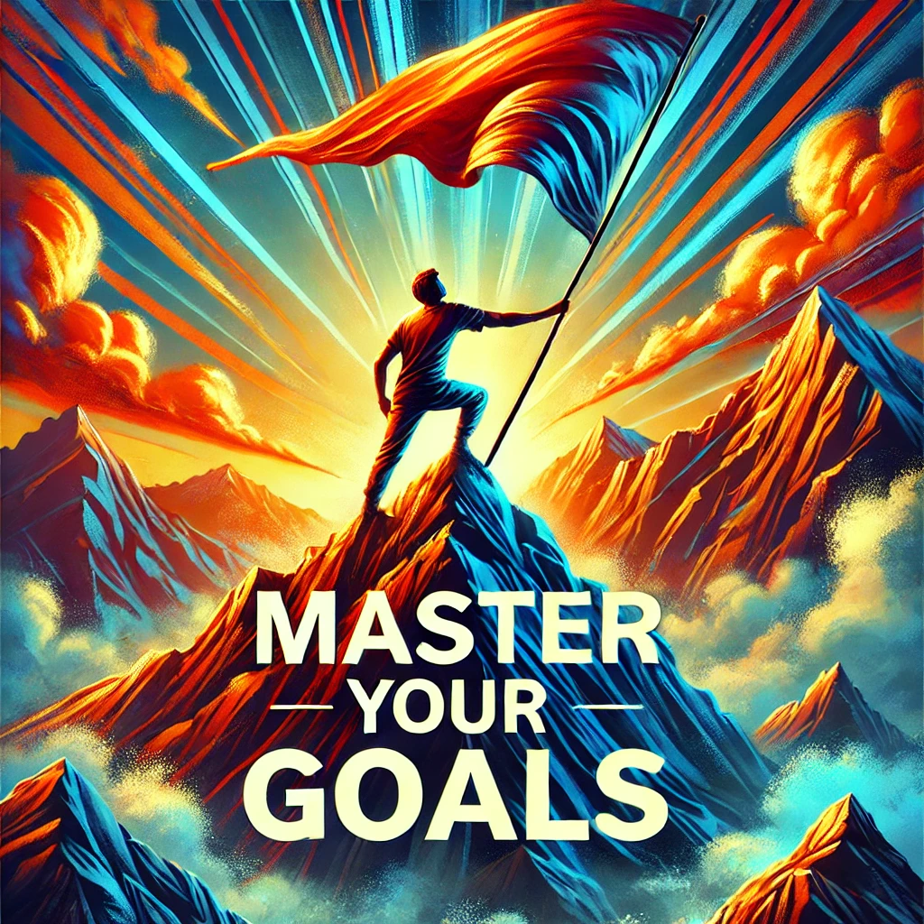 A determined individual reaching the top of a mountain, holding a flag, with bold text overlay 'Master Your Goals' symbolizing success, motivation, and personal development.